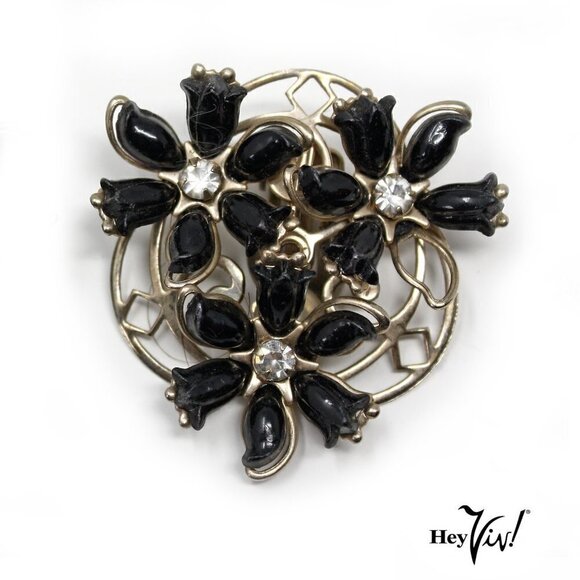 Vintage Black Flower Plastic Clip On Earrings Wire Twirl Base 1.5" - Hey Viv - Picture 3 of 4